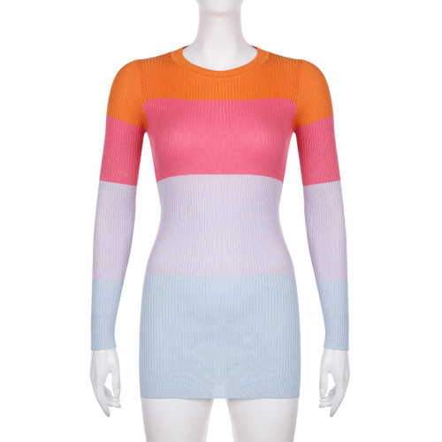 Gradual color contrast fine flash basic round neck long sleeve slim cut open back strapping personalized fashion wool dress