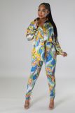 Fashion cardigan printed top and trousers two-piece set