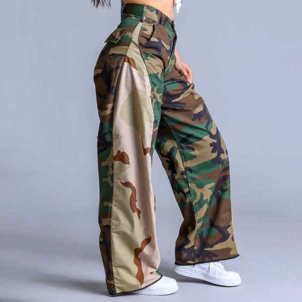 Camo printed bat side pocket overalls casual pants