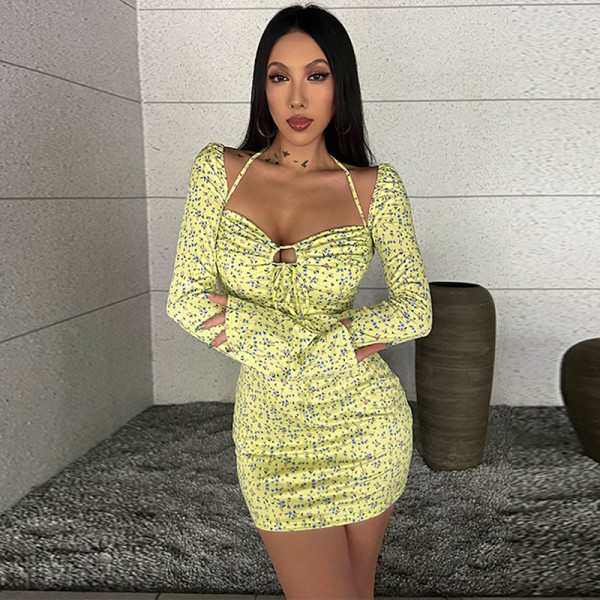 Sexy slim neck long sleeve floral dress