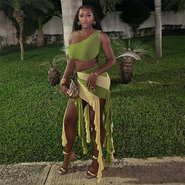 Street Fashion Diagonal Shoulder Personality Tassel Splice Contrast Irregular Dress Set