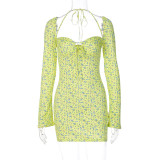 Sexy slim neck long sleeve floral dress