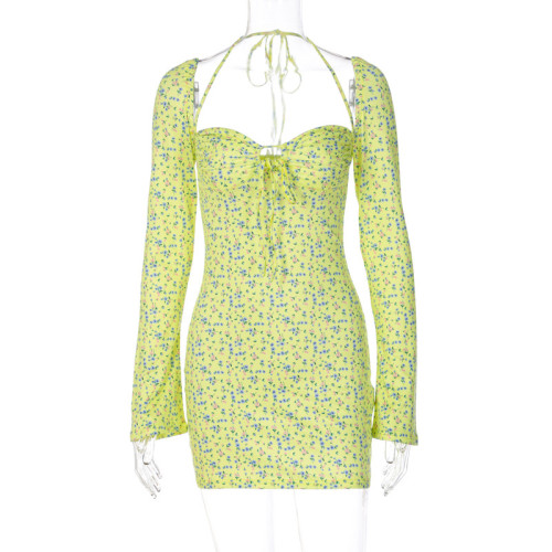 Sexy slim neck long sleeve floral dress