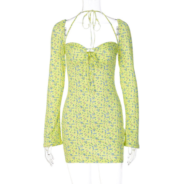 Sexy slim neck long sleeve floral dress