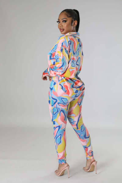 Fashion cardigan printed top and trousers two-piece set