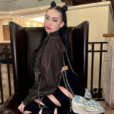 PU suit collar button cardigan long sleeve irregular hem corns chain personality fashion jacket