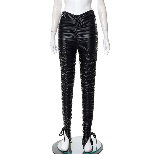 Fashion low waist slim sexy ruffled hip leather casual pants