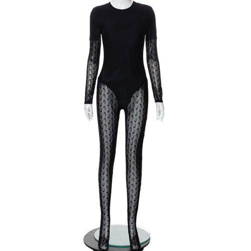 Women's sexy perspective gauze splicing moon jacquard long sleeve round neck wrap leg jumpsuit
