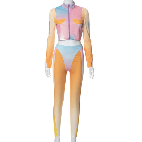 Women's fashion printing slim long sleeve zippered cardigan top leggings casual suit