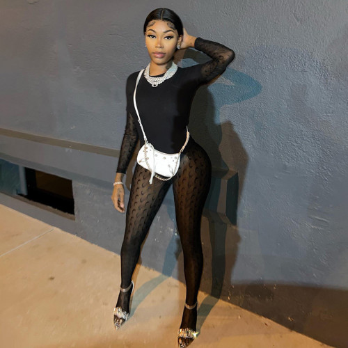 Women's sexy perspective gauze splicing moon jacquard long sleeve round neck wrap leg jumpsuit