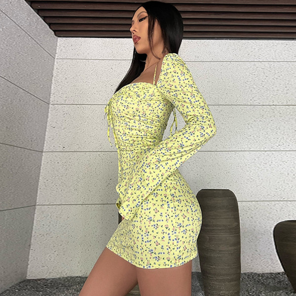 Sexy slim neck long sleeve floral dress