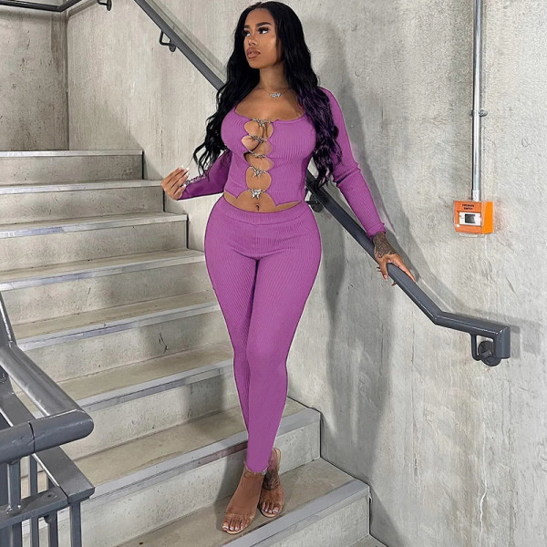 New fashion butterfly button long sleeve cardigan top tight trousers casual suit
