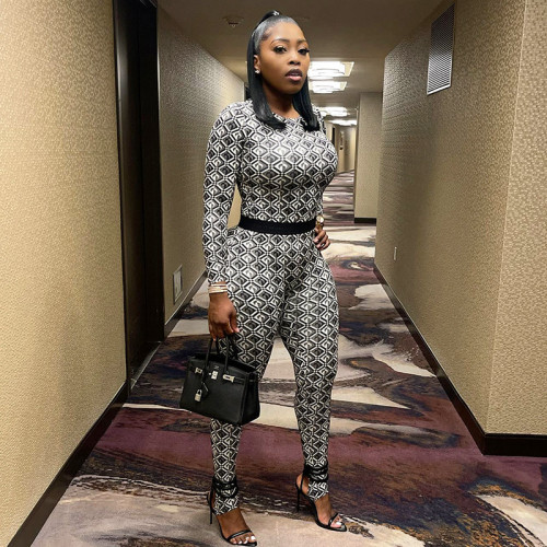 Fashion printing slim round neck long sleeve T-shirt top tight trousers casual suit