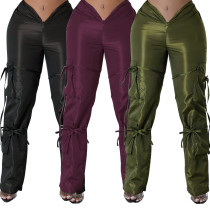 Women's zipper closure strap solid green casual trousers Women's zipper closure strap solid green casual trousers