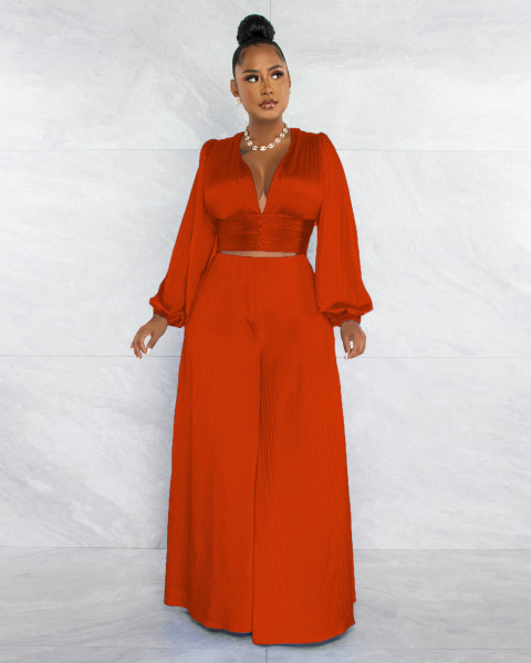 Pleated sexy V-neck top wide leg pants casual suit