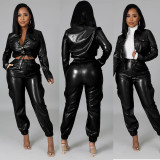 Fashion slim fitting PU leather fleece trousers 6-pocket tooling suit