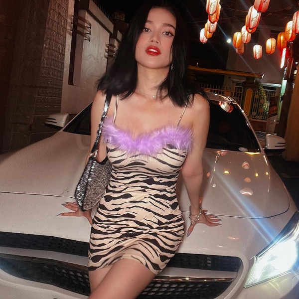 Women's Zebra Print Sexy Slim Mosaic Woolen Stripe Wrap Hip Strap Dress