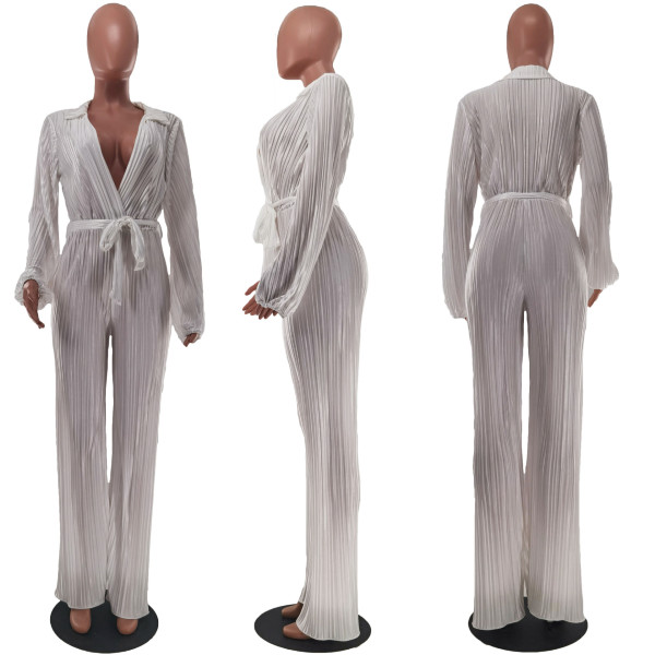 Sexy V-neck strap pleated wide leg jumpsuit