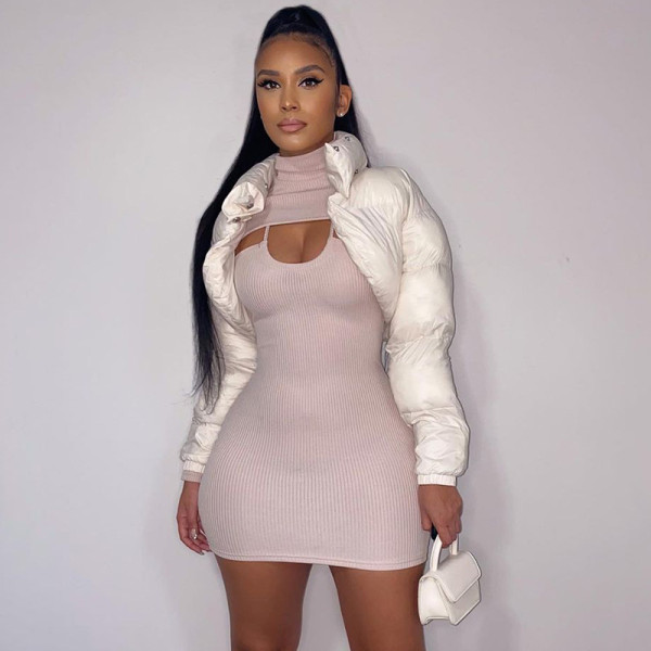 Half high collar long sleeve slim fitting blouse sling tight buttocks bottoming one-piece short skirt solid color knitting two-piece set