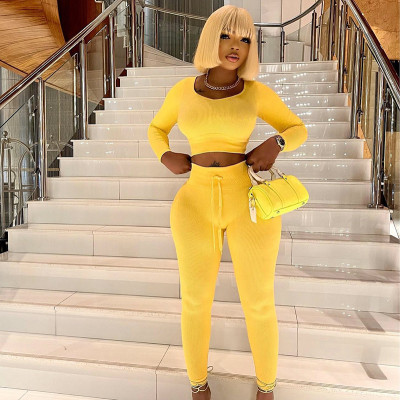 Solid U Neck Tight Long Sleeve Pants Drawstring Casual Set