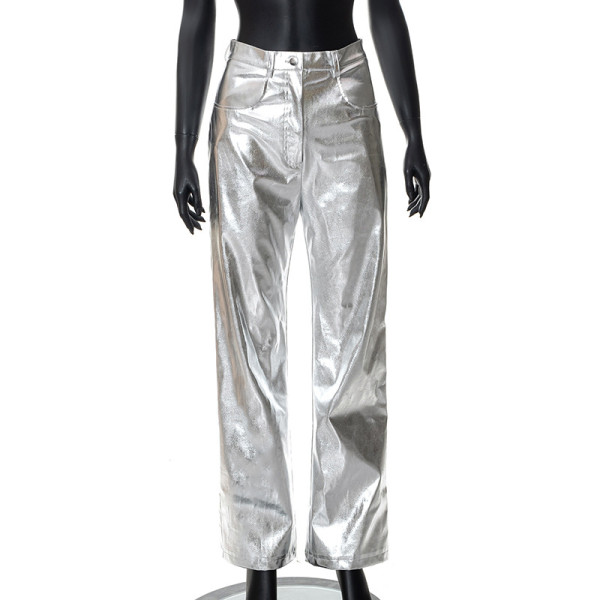 Fashion bright PU leather pocket zipper loose casual trousers