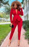 Solid ruffle deep V top and trousers two-piece set
