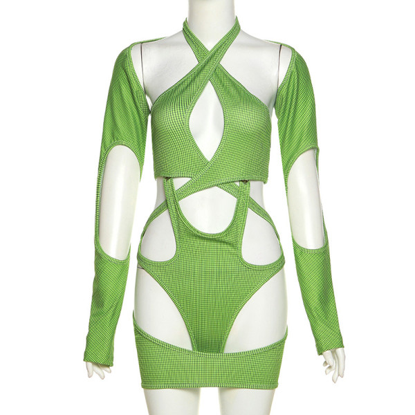 Sexy Spice Girl's Hollow out Print Long Sleeve Slim Bodysuit Shorts