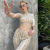 Women's fashion high street trendy printing sexy short sleeved slim trousers suit