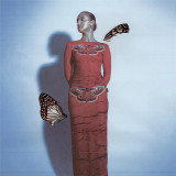 Fashion 3 Butterfly Print Long Sleeve Slim Wrap Hip Dress Set