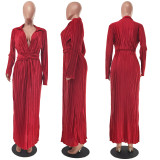 Sexy slit dress V-neck long sleeve pleated dress