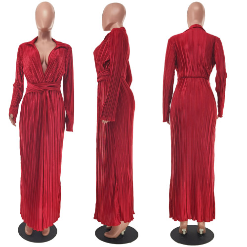 Sexy slit dress V-neck long sleeve pleated dress