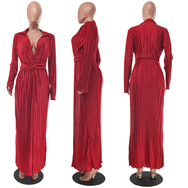 Sexy slit dress V-neck long sleeve pleated dress
