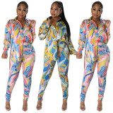 Fashion cardigan printed top and trousers two-piece set