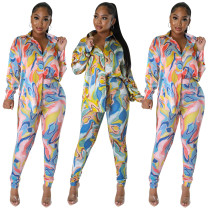 Fashion cardigan printed top and trousers two-piece set