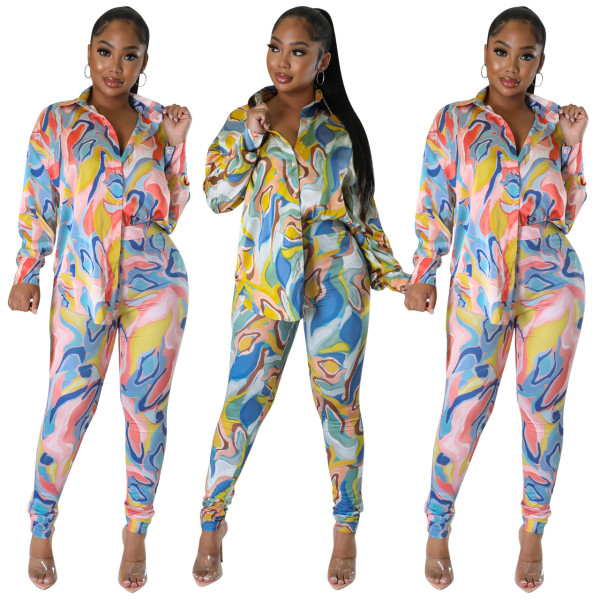 Fashion cardigan printed top and trousers two-piece set