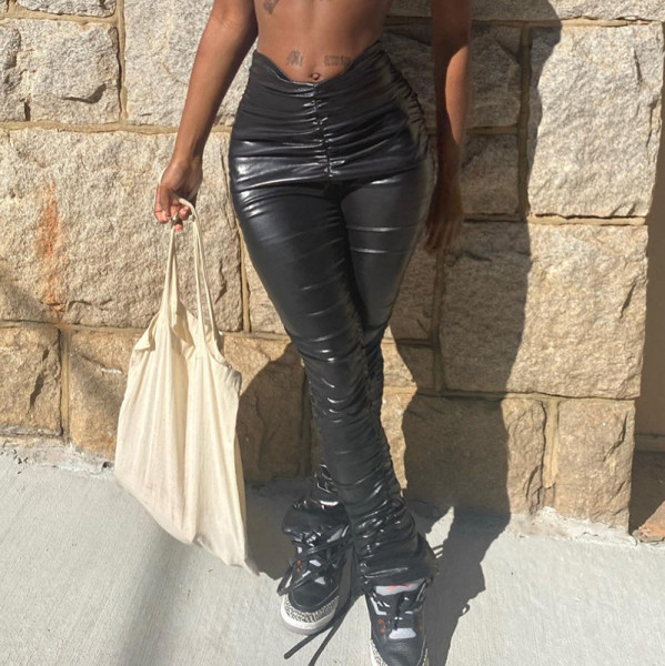 Fashion low waist slim sexy ruffled hip leather casual pants