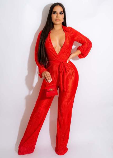 Sexy V-neck strap pleated wide leg jumpsuit