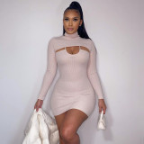 Half high collar long sleeve slim fitting blouse sling tight buttocks bottoming one-piece short skirt solid color knitting two-piece set