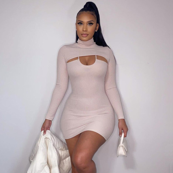 Half high collar long sleeve slim fitting blouse sling tight buttocks bottoming one-piece short skirt solid color knitting two-piece set