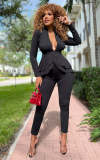 Solid ruffle deep V top and trousers two-piece set
