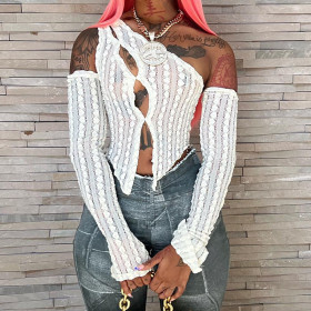 Love Jacquard Lace Oblique Shoulder Pullover Open Navel T-shirt Top
