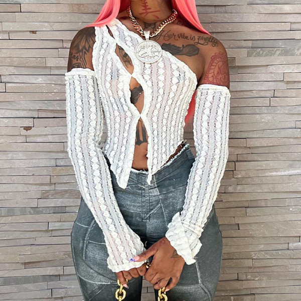 Love Jacquard Lace Oblique Shoulder Pullover Open Navel T-shirt Top