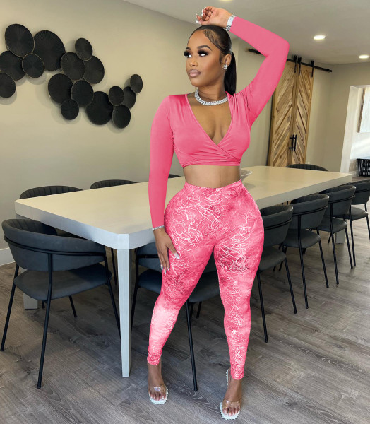 Two piece solid color cross tie top and printed trousers