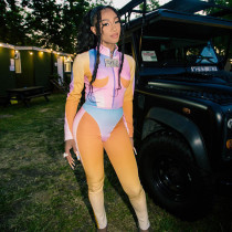 Women's fashion printing slim long sleeve zippered cardigan top leggings casual suit Women's fashion printing slim long sleeve zippered cardigan top leggings casual suit