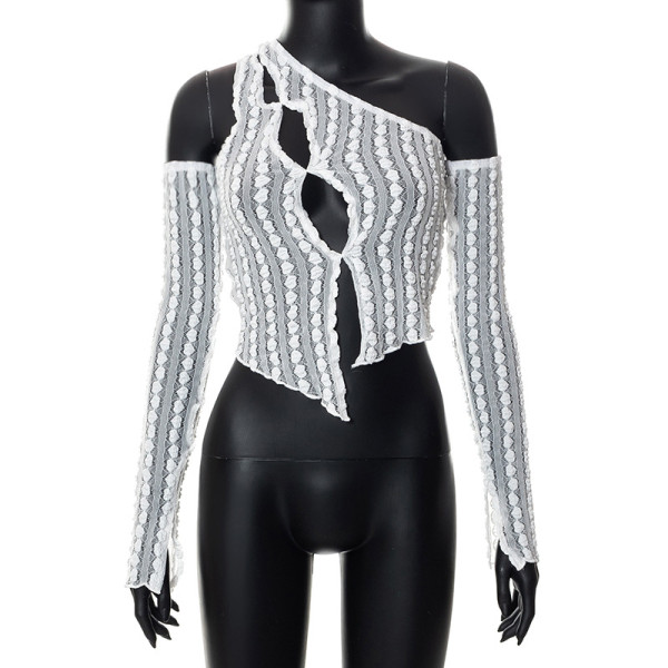 Love Jacquard Lace Oblique Shoulder Pullover Open Navel T-shirt Top