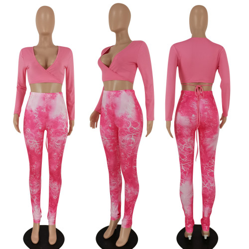 Two piece solid color cross tie top and printed trousers