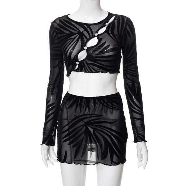 Fashion sexy mesh flocking long sleeved hollow T-shirt top skirt casual suit