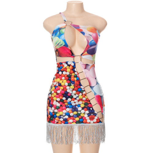 Women's sexy printed diagonal shoulder belt metal square button tassel sleeveless short dress