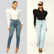 Fashion Versatile Shirt Women's Solid Simple Bubble Sleeve Slim Shirt Fashion Versatile Shirt Women's Solid Simple Bubble Sleeve Slim Shirt