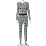 Fashion printing slim round neck long sleeve T-shirt top tight trousers casual suit